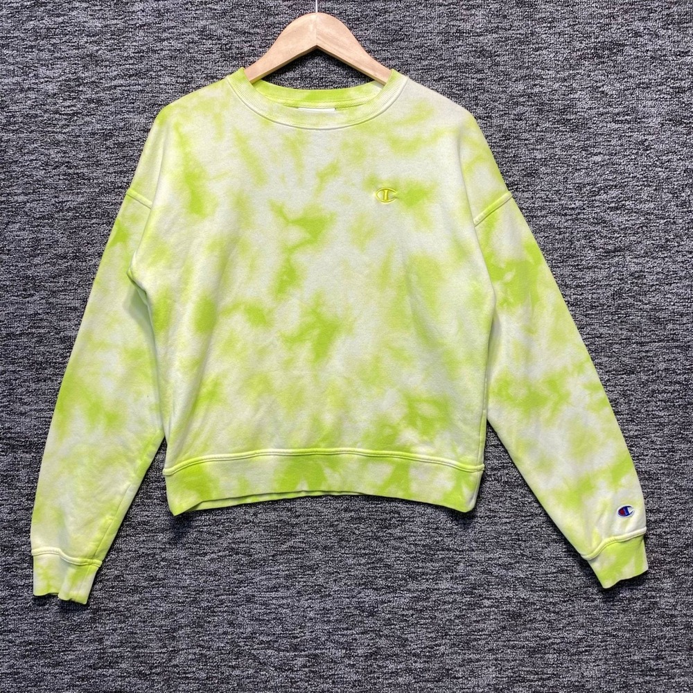 Champion Sweatshirt Womens XS Lime Green Tie Dye Pullover Fleece Crewneck